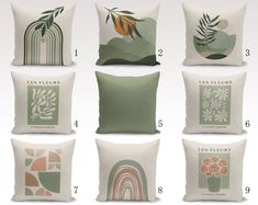 six pillows with different designs on them, each featuring flowers and plants in various colors