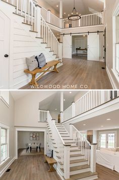 two pictures of the inside and outside of a house, with stairs leading up to the second floor