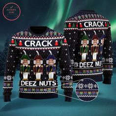 Crack Deez Nuts Nutcracker Ugly Christmas Sweater available in T-shirt, hoodie, tank top, longsleeve, multi color and size S M L XL XXL 3XL 4XL 5XL. Shipping from the US. Easy 30 day return policy - Shop now! 6.1-ounce, 100% cotton .Double-needle neck, sleeves and hem; Roomy Unisex Fit. Ash is 99% cotton, 1% poly; Sport Grey is 90% cotton, 10% poly; Dark Heather is 50% cotton, 50% polyester .Decoration type: Digital Print. Made by Gildan Deez Nuts Nutcracker Shirt, Unique Ugly Christmas Sweater, Deez Nuts, Christmas Sweater Men, Sweater For Men, Presents For Dad, Holiday Sweater, Sweater Making, Wool Blend Sweater