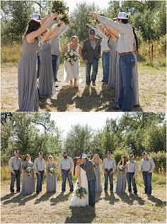 the bride and groom are posing for pictures with their wedding party