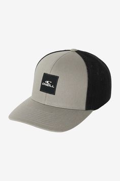 a grey and black trucker hat with a patch on the front that says oneill