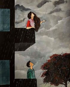 two people standing on top of a building in the rain