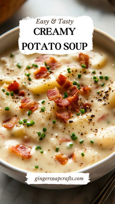 creamy potato soup in a bowl with bacon and chives