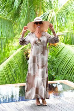 Seychelles Kaftan / Mocha Kaftan Dress, Abalone Shell, Seychelles, Dress 100, Deep V Neck, Right Side, Mocha, Care Instructions, Tights