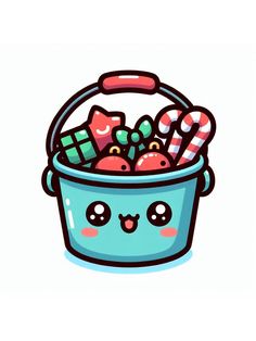 a blue bucket filled with candy and candies