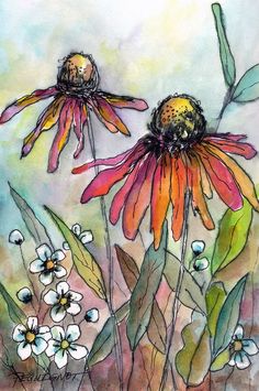 two flowers are shown in this watercolor painting