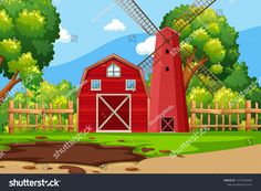 farm scene with red barn and windmill