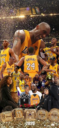 a collage of the los angeles lakers basketball team with confetti thrown around them