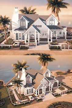 two different views of a house with palm trees