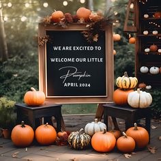 an outdoor welcome sign surrounded by pumpkins