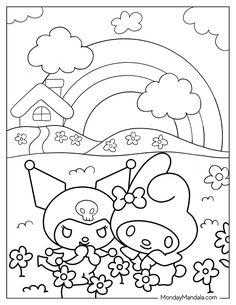 an angry birds coloring page with rainbows in the sky and flowers on the ground