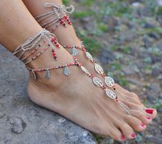 This listing is for a PAIR of barefoot sandals. Beautiful and unique barefoot sandals with a ethnic vibration. They look great as necklace or on the hands too :) Handmade crocheted with love and care using waxed polyester cord, tree of life tibetan silver links,tibetan silver leaf charms, tibetan silver beads and czech seed beads. The lace is long enough to wrap it 2 times around the leg. These resistant sandals are suitable for many environments. They will embellish your feet and you can wear i Traditional Wedding Jewelry For Summer, Traditional Summer Wedding Jewelry, Handmade Toe Ring For Summer, Handmade Open Toe Barefoot Sandals For Gift, Red Jewelry For Beach Festivals, Handmade Open Toe Barefoot Sandals As Gift, Handmade Summer Toe Ring Jewelry, Silver Bohemian Barefoot Sandals As Gift, Silver Bohemian Barefoot Sandals For Gift