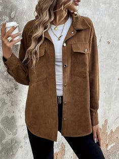 Chaqueta Hombros Caídos Abotonada Chaqueta Casual Manga - Temu Spain Corduroy Shirts, Blouses Long Sleeve, Corduroy Shacket, Lapel Design, Oversized Tops, Corduroy Coat, Corduroy Shirt, Brown Corduroy, Swimwear Dress