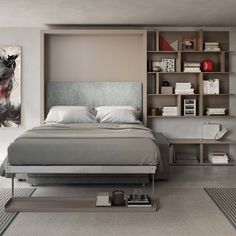 a bed sitting in a bedroom next to a book shelf