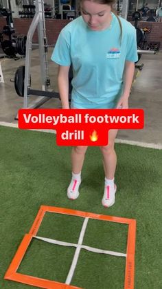 a girl standing in front of an orange and white game on the ground with words that read volleyball footwork drill