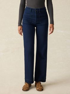 Stretch Terry Patch Pocket Ankle Pant - Clermont Wash Non-stretch Denim Blue Bottoms For Everyday, Versatile Dark Wash Flare Jeans With Pockets, Versatile Full Length Jeans For Fall, Versatile Denim Blue Bottoms For Everyday, Fall Relaxed Fit Jeans With Patch Pockets, Elevated Casual Cropped Leg Jeans For Fall, Denim Blue Straight Fit Pants For Fall, Fall Cropped Leg Jeans For Elevated Casual, Straight Fit Denim Blue Pants For Fall