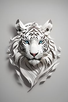 a white tiger with blue eyes is cut out from paper and placed on a gray background