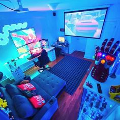 a living room filled with furniture and colorful lights