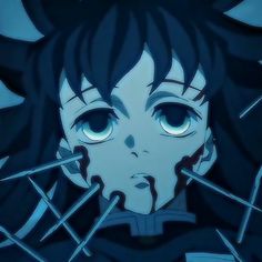 an anime character with blue eyes and black hair is looking at the camera while surrounded by swords