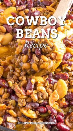 cowboy beans in a skillet with a wooden spoon and text overlay that reads, cowboy beans