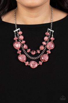 A single silver chain separates two mismatched rows of oversized and cloudy glass-like pink beads. The colorful rows are held in place with textured silver fittings, creating an ethereal pop of color below the collar. Features an adjustable clasp closure. Pink Bead Necklace, Gold Tassel Necklace, Buy Necklace, Pink Necklace, Paparazzi Accessories, Pink Beads, Paparazzi Jewelry, Pink Glass, White Beads