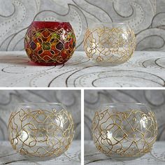 three different images of decorative glass vases with gold filigreets on them