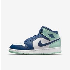 Sold Out! Nike Jordan 1 Mid In Color Mystic Navy And Mint Foam Jordan 1 Mid Blue, Jordan Shoes For Kids, Nike Jordan 1 Mid, Air Jordan 1 Mid Gs, Kids Jordan, 270 Nike, Jordans Girls, Jordan Model, Nike Air Jordan 1 Mid