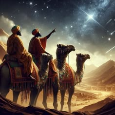 two men riding on camels in the desert at night with bright stars above them