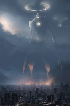 a man standing on top of a cloud filled sky next to a giant alien creature