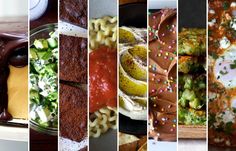 a series of photos showing different types of food and condiments, including pasta