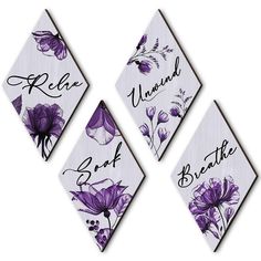 three napkins with purple flowers and the words relax, unwind, breathe on them