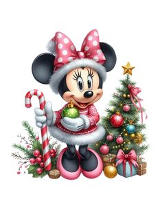 minnie mouse holding a candy cane next to a christmas tree