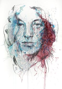 a drawing of a woman's face is shown in blue, red and white