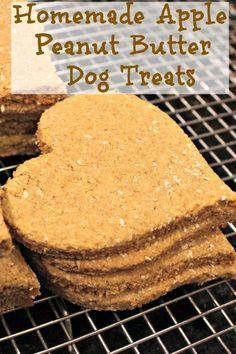 homemade apple peanut butter dog treats on a cooling rack with text overlay that reads homemade apple peanut butter dog treats