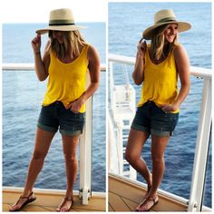 two pictures of a woman in yellow shirt and hat standing on the deck of a cruise ship