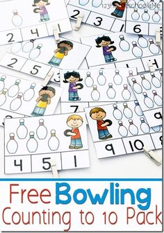 the free bowling counting to 10 pack is shown with numbers on it and two children