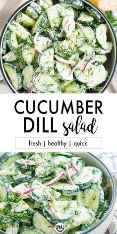 cucumber dill salad with fresh herbs in a bowl and on the side