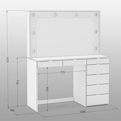 a drawing of a white desk with drawers and cupboards on the bottom side, along with measurements for each drawer