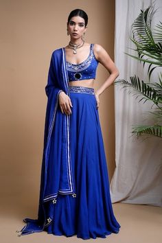 Royal blue lehenga with side slit and hand embroidery on belt. Paired with a blouse with mirrors, zardosi, sequin, cutdana hand embroidery and dupatta with gota lace work. - Aza Fashions Royal Blue Lehenga, Lehenga Pattern, Blue Lehenga, Lehenga Blouse, Types Of Work, Blue Mirrors, U Neck, Embroidered Blouse, Set For Women