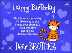 a birthday card for a brother with a cartoon cat on it's chest and hearts in the background