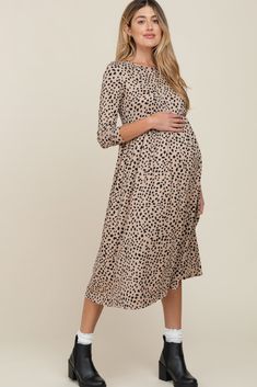 Details A printed long sleeve maternity midi dress. Content + Care 96% Polyester 4% Spandex Hand Wash Cold, No Bleach, Hang or Line Dry USA Size + Fit Length: 45" Sleeve Length: 19" Measured From: Small Product Code: 69360 Fitted Maternity Midi Dress, Fitted Midi Length Maternity Dress, Maternity Long Sleeve Maxi Dress For Fall, Long Sleeve Maternity Maxi Dress For Fall, Maternity Maxi Dress With Long Sleeves For Fall, Modest Maternity Midi Dress, Maternity Bump-friendly Midi Dress, Fitted Long Sleeve Nursing Friendly Dress, Fitted Long Sleeve Nursing-friendly Dress