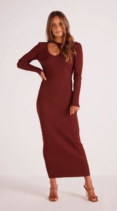 - Rib knit cut-out midi dress in chocolate brown - Asymmetric shoulder cut-out detail - Full-length sleeves - Body-hugging silhouette - Midi length- Designed in Sydney, Australia - Style Number: MG2303856 Rebecca (Model 1) is 173cm (5'8") tall and wears size S. Leni (Model 2) is 180cm (5'11") tall and wears size S. Composition: 49% Viscose 26% Polyamide 25% Polyester - Handwash with mild soap in cold water - Wash separately - Do not bleach/soak/wring or tumble dry - Dry flat in the shade Brown Ribbed Midi Sweater Dress, Brown Ribbed Stretch Midi Dress, Brown Stretch Ribbed Midi Dress, Brown Ribbed Dress For Date Night, Brown Ribbed Midi Dress, Chic Brown Ribbed Midi Dress, Chic Brown Midi Sweater Dress, Brown Ribbed Knee-length Midi Dress, Australia Style