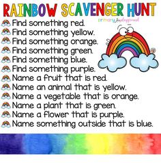 rainbow scavenger hunt for kids to use in their writing and reading skills,