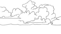 a black and white drawing of clouds in the sky over a body of water with trees