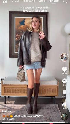 Fall Dinner Outfit, Denim Mini Skirt Outfit, Skirt Outfit Fall, Bar Outfits, Fall Boots Outfit, Leather Skirt Outfit, Skirt Outfits Fall, Fall Transition Outfits, Nashville Outfits