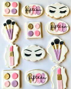 decorated cookies with makeup and eye shadows on them