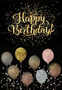 a birthday card with balloons and confetti in gold, silver, and pink