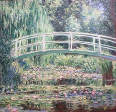 a painting of a white bridge over a pond of water lilies