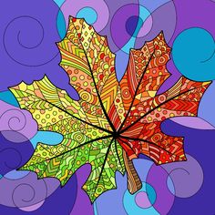 a colorful maple leaf with swirls and dots on it's purple, blue background