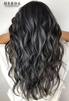 Dark Brown Hair With Silver Streaks, Dark Hair With Grey Highlights Silver, Silver With Black Hair, Light Black Hair With Highlights, Silver Highlights For Dark Brown Hair, Black With Silver Hair, Long Dark Hair With Grey Highlights, Chrome Highlights On Dark Hair, Subtle Silver Highlights On Dark Hair